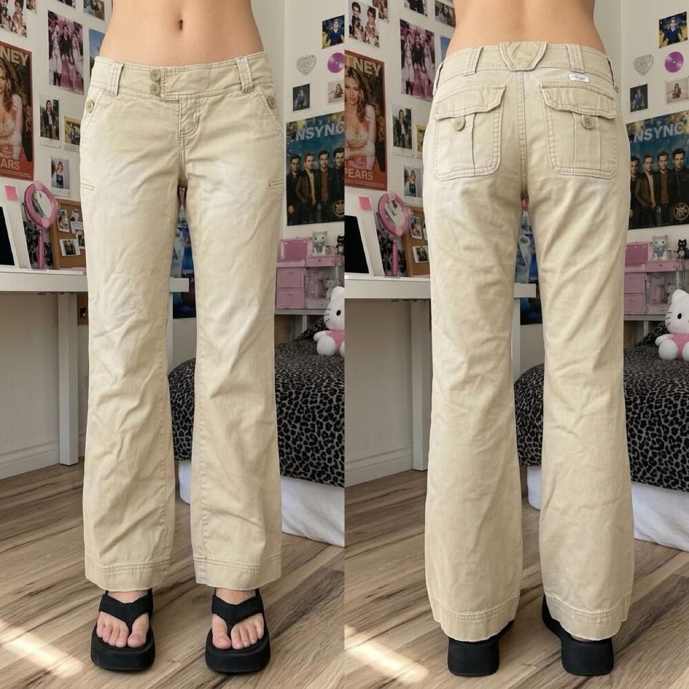 Y2K Abercrombie Low Rise Wide Leg Khaki Pants Size 00S Cargo Pocket Chino Preppy